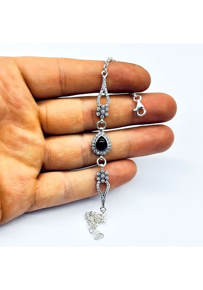 Damla Model Zirkon Ve Oltu Taşı İşçilikli 925 Ayar Gümüş Kadın Bileklik Gümüş