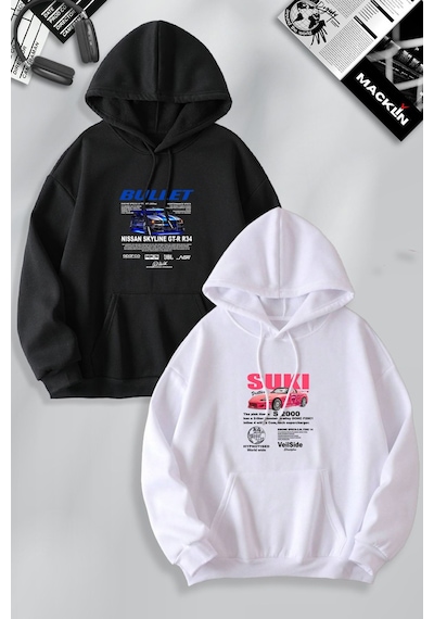 Macklin Sevgili Çift Kombin Hızlı Ve Öfkeli Bullet & Suki Ön Baskılı Kapüşonlu Sweatshirt 2li Set Takım Siyah Beyaz Mck1281 Çok Renkli