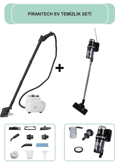 Pirantech CB-103A Buharlı Temizlik Makinesi + Ek-200 Torbasız Kablolu Dikey Süpürge Elektrikli Süpürge