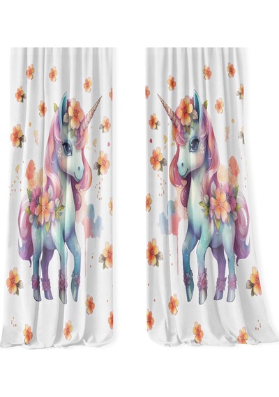 Kız Çocuk Odası Çift Kanatlı Fon Perde Çiçekli Unicorn Desenli