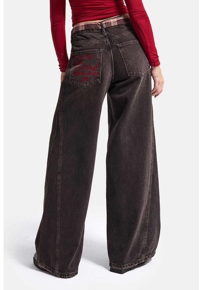 Kadın 4w6-156 Wide Leg Nakış Ve Kravat Detaylı Özel Tasarım Denim Jean Kahve