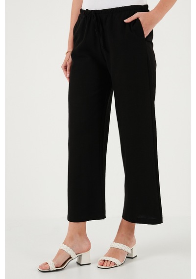 Lela Keten Karışımlı Regular Fit Normal Bel Geniş Paça Bayan Pantolon 5866030 Siyah