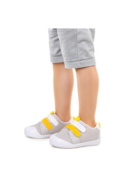 Kiko Kids Textile Cırtlı Erkek Bebek Spor Ayakkabı Gri - Sarı
