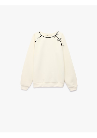 Koton Fiyonk Detaylı Uzun Kollu Bisiklet Yaka Şardonlu Sweatshirt Ekru 7wkg10055ak