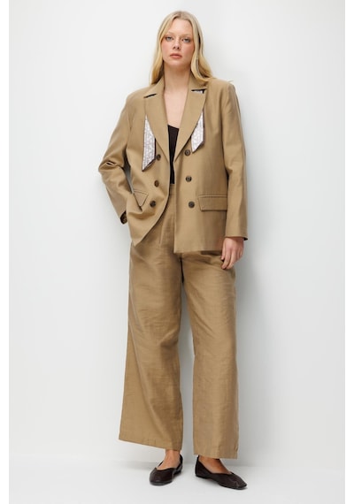 Mixray 4809 Kadın Fular Detaylı Keten Blazer Ceket Camel