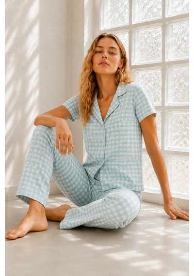 Kadın Genç Loose İpliği Boyalı Su Yeşili Pijama Takımı