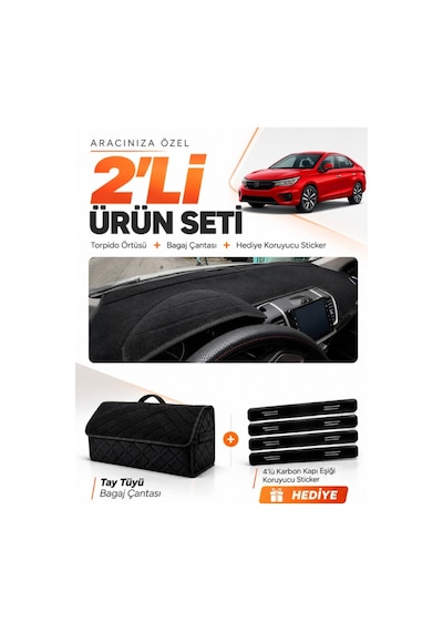 Honda Cıty 2020-2024 Uyumlu Torpido Örtüsü + Tay Tüyü Bagaj Çantası + Sticker Seti - Siyah