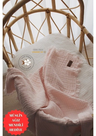 Zeypba % 100 Pamuk 4 Katlı Müslin Örtü Pudra 110x110 CM Bebek & Çocuk İçin Püsküllü