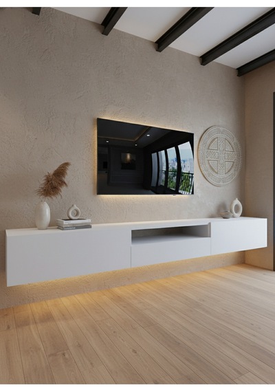 Resital Ledli Duvara Monte Tv Sehpası - Beyaz - W6016-1 Beyaz