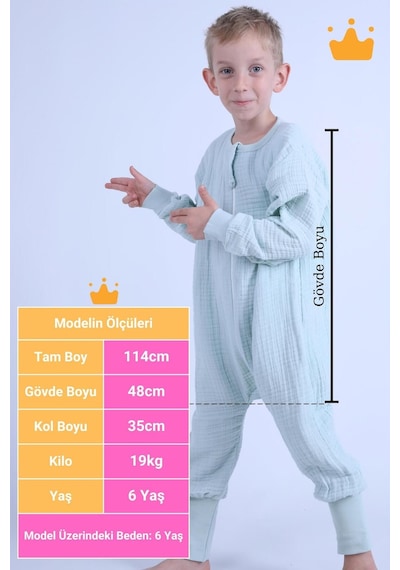Babyhola Çocuk Mevsimlik Uyku Tulumu 2-8 Yaş 1 Tog 4 Kat Müslin Uzun Kollu Uyku Tulumu Mint Yeşil