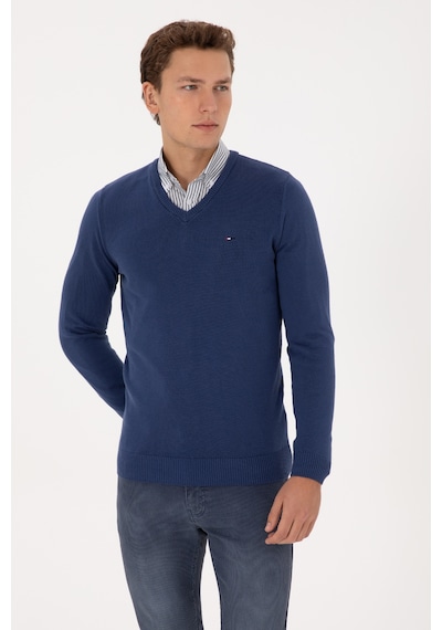 U.S. Polo Assn. Erkek Slim Fit V Yaka İndigo Basic Kazak 50313668-VR028