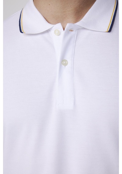 Tudors Erkek Slim Fit Dar Kesim Düz Pike Kol Şeritli Beyaz Polo Yaka Tişört-27645-Beyaz