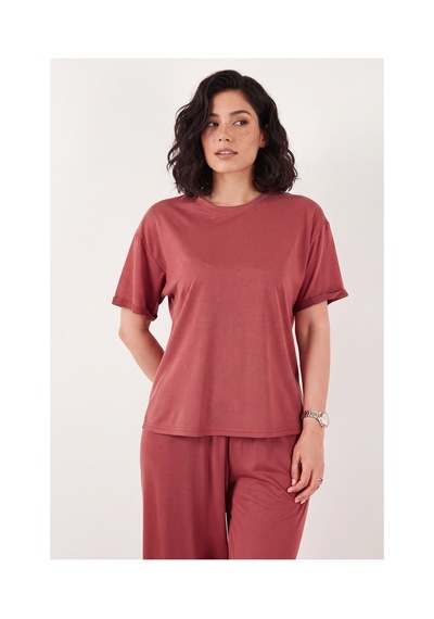 Lela Yumuşak Dokulu Bisiklet Yaka Lastikli Bel Kısa Kollu Pijama Takımı Bayan Pijama Takımı 65720102 Kiremit KİREMİT