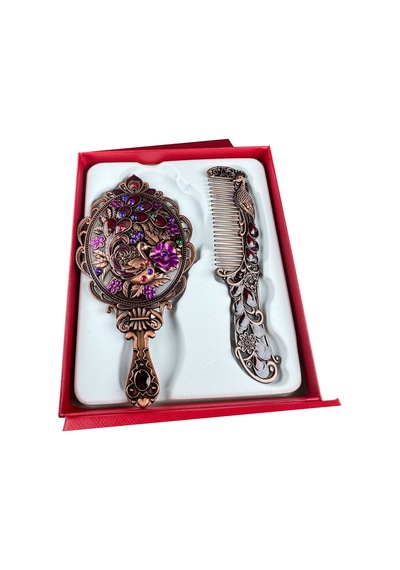 Tavus Kuşu Desenli Vintage Ayna Tarak Seti Özel Tasarım Ve Özel Kutulu 13,5 Cm & 13 Cm Bordo