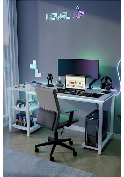 Reflekta Raflı Oyuncu Masası 60x160 Cm. Gaming Masa Demonte Beyaz-beyaz