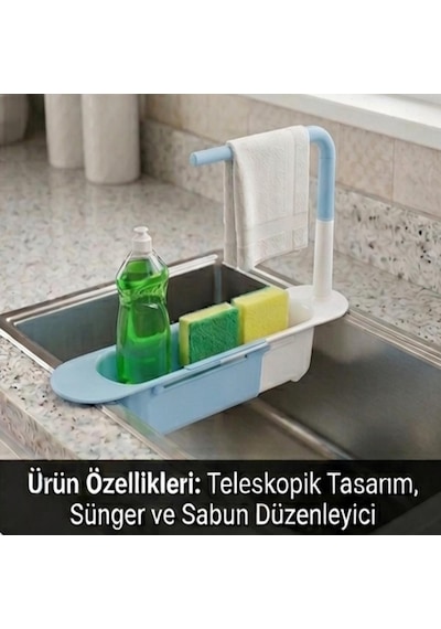 Cx7evy02 Teleskopik Evye Düzenleyici Ayarlanabilir Lavabo Organizer Sepetli Raf Mavi