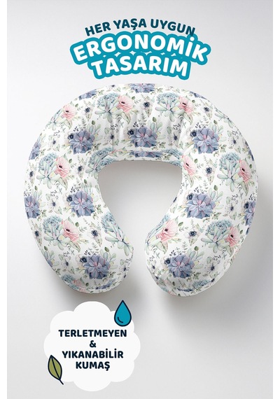 Çiçek Desenli Pamuklu Boyun Yastığı - Pastel Mavi Pembe Yumuşak Seyahat Yastığı Soluk Yosunlu Toz Mavi