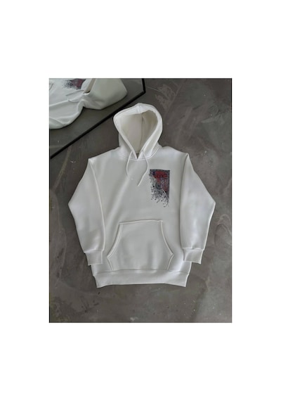 Butik İstanbul Uzun Kol Kapşonlu Ön Ve Arka Baskılı Sweatshirt - Beyaz