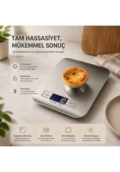 Healtcare Dijital Mutfak Terazisi - Paslanmaz Çelik Yüzeyli Hassas Mutfak Tartısı - Dara İşlevi, Led Ekran, 5 Biri Diğer