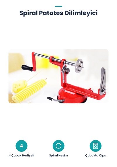 Spiral Patates Dilimleyici - 4 Çubuklu Patates Cips Kesici Kırmızı