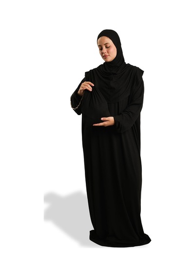 Hürrem Bone Tek Parça Namaz Elbisesi Viskon Düz 2503 01 Siyah