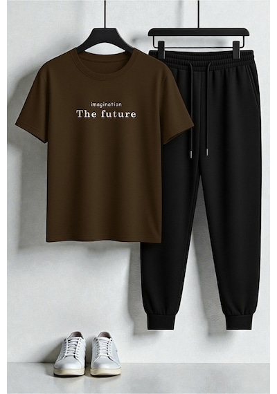 Uyguntarz Unisex The Future Tasarım Baskılı Tişört - 2'li Eşofman Takımı Kahverengi