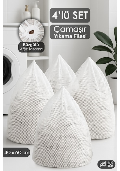 4'lü İpli Çamaşır Yıkama Filesi Seti - Koruyucu Çamaşır Yıkama Torbası 40x60 Cm Beyaz