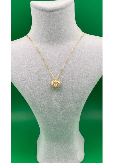 Kadın Gold Renk Zirkon Taşlı Kalpli Çelik Kolye Pembe