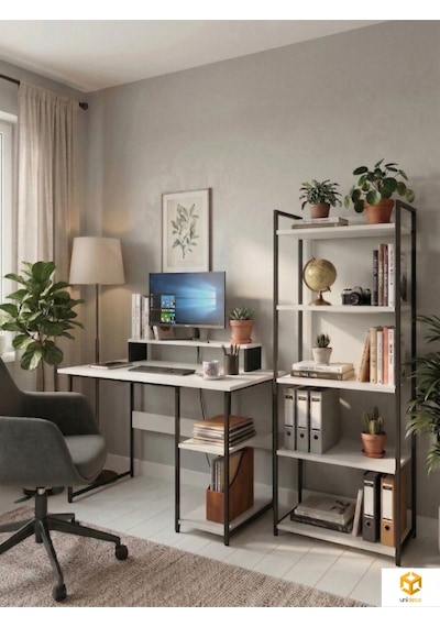 Vien 2 Set Kitaplıklı Masa Raflı Çalışma Masası 5 Raflı Kitaplık Monitör Yükseltici Siyah - Beyaz Vien 2 Set Kitaplıklı Masa Raflı Çalışma Masası 5 Raflı Kitaplık Monitör Yükseltici Siyah - Beyaz