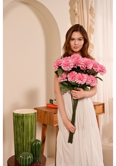 Pembe Yapay Dahlia Yıldız Çiçeği 3 Dallı Lüx İpeksi Dokulu 75 Cm
