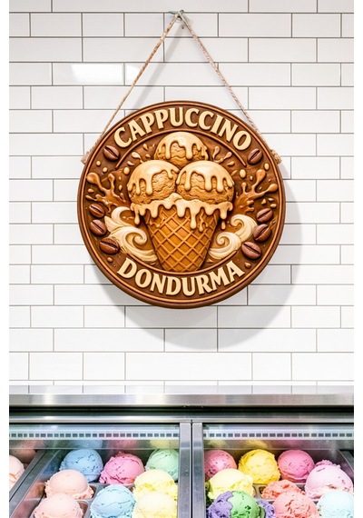 Cappucino Dondurma Görselli Ahşap İpli Kapı Duvar Süsü Modern Cafe Duvar Pano
