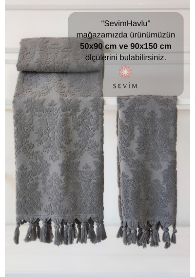 %100 Pamuk Jakarlı Banyo Havlusu - Kabartma Damask Desenli - 90x150 Cm - Antrasit Antrasıt Antrasit
