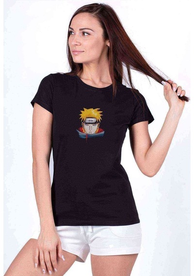 Anime Pain Baskılı Siyah Kadın Tshirt