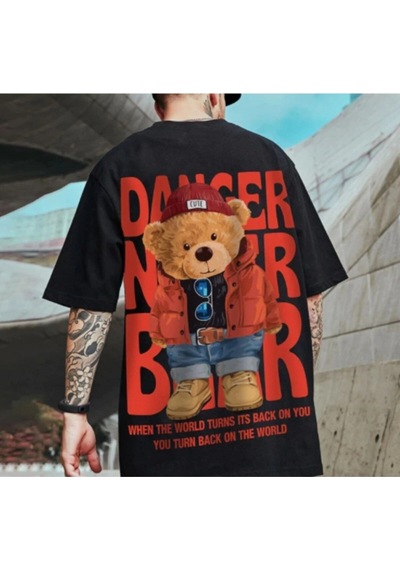 Startmore Erkek Siyah Danger Bear Baskılı Oversize Bisiklet Yaka T-shirt Siyah