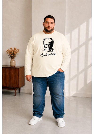 Sngl Tekstil Erkek Büyük Beden Uzun Kollu Atatürk Baskılı T-shirt 3xl 4xl 5xl 6xl 7xl 8xl 9xl Ekru