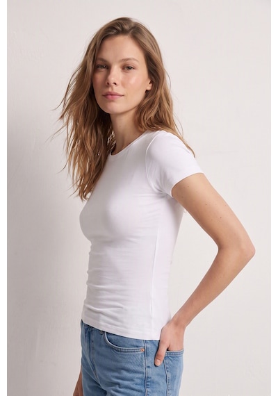 Elemge %95pamuk %5likra Vücuda Oturan Magic Fit Beyaz Kadın Stretch T-shirt Compact Penye Kısa Kol Esnek Basic Tişört Elastan