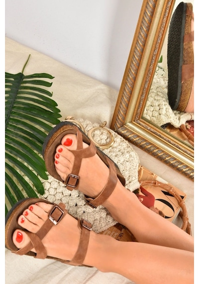 Fox Shoes Taba Süet Parmak Arası Kadın Terlik K777613402