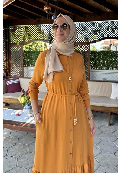 Rabia Şamlı Süreyya Gömlek Elbise Hardal Sarısı Normal