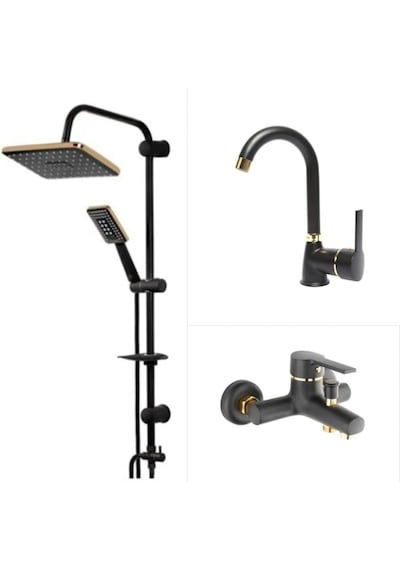 Faumix Kav6671120 Lavabo Ve Banyo Bataryası Ve Tepe Duş Seti Siyah Gold Siyah