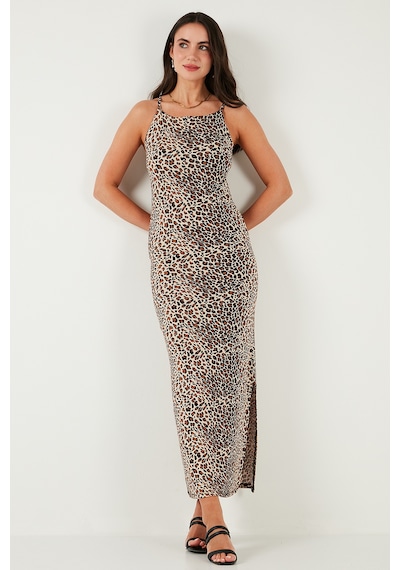 Lela Slim Fit Yırtmaç Detaylı Midi Boy Bayan Elbise 5866224 Leopar