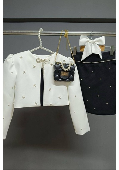 Riccotarz Kız Çocuk Üzeri Taş İşlemeli Etek Askılı Penye Bluz Ve Beyaz Blazer Ceket Etekli Takım 001