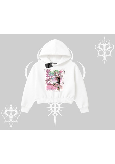 Startmore Kapşonlu Crop Sweatshirt Anime Kawaii Japon Kız Desenli Beyaz