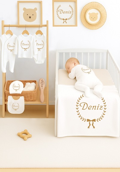 Sitilin Kız Erkek Bebek %100 Pamuk İsime Özel Organik Baskılı Hastane Çıkışı İsimli Fırca Hediye Set Stl7082 Ekru