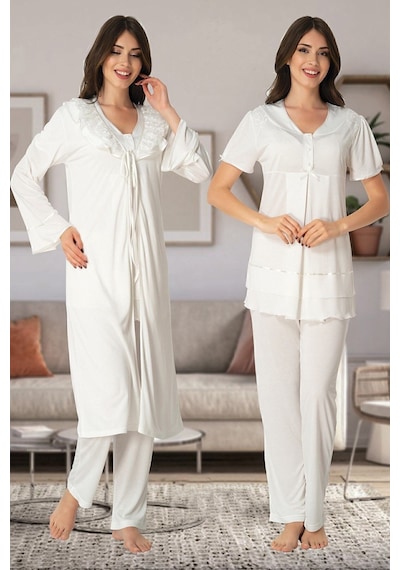 Effort Pijama Kadın Ekru Dantel Sabahlıklı Lohusa Pijama Takımı 8024 Ekru