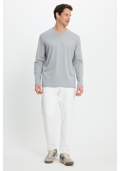 Tudors Unisex Relax Fit Rahat Kesim %100 Pamuk Uzun Kollu Bisiklet Yaka Gri Basic Tişört-41828 Gri