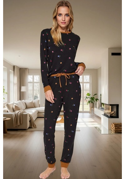 Ersefa Rahat Kesim %100 Pamuk Çiçek Desenli Pijama Takımı Modern Stil Gü Siyah