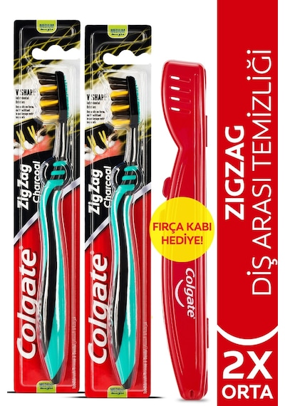 Colgate Zigzag Charcoal Diş Arası Temizliği Orta Diş Fırçası 2'li + Diş Fırçası Kabı