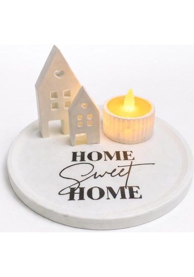 Home Sweet Home Yazılı Dekoratif Set 4 Parça Tabak, Ev Figürleri Ve Mumluk Takımı