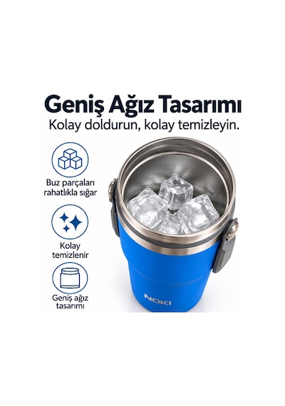 Noki T-0138 600 Ml Paslanmaz Çelik Tumbler Termos Bardak, Pipetli Ve Düz İçim, Sızdırmaz Kapak Mavi