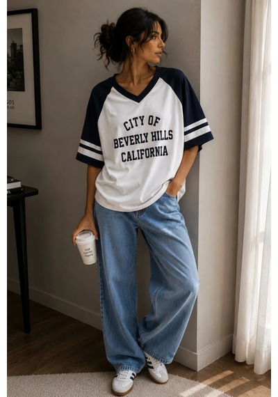 Bbbutikbasic Baskılı Oversize V Yaka Salaş Tişört My3535 Beyaz